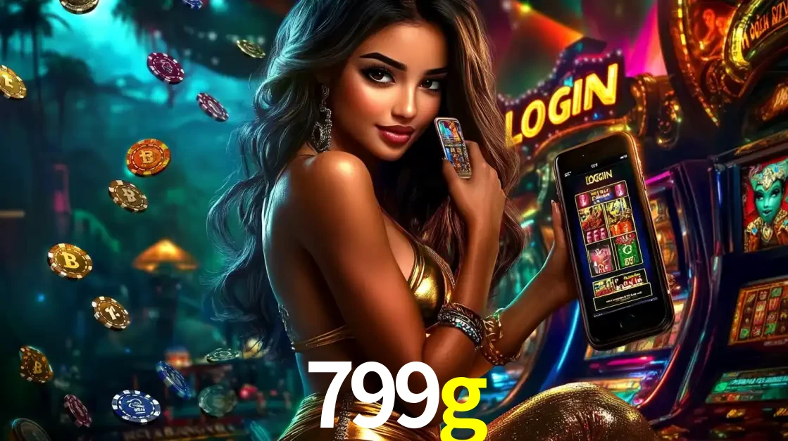 Mulher em um cenário de cassino temático de aventura, mostrando o app de caça-níqueis da 799g no celular. Fichas de apostas flutuam ao redor.