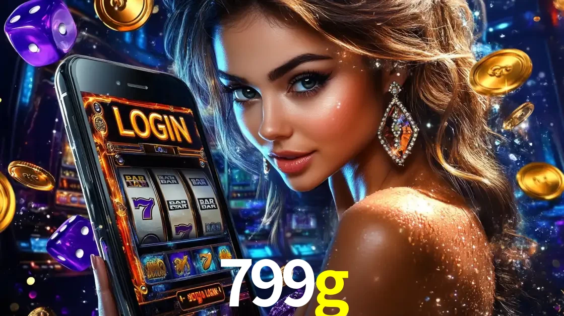 Mulher glamorosa segurando um smartphone com a tela de login para os jogos de caça-níqueis do cassino online 799g, com moedas de ouro e dados ao redor.