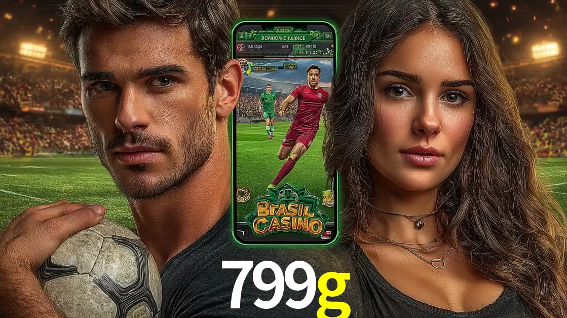Homem segurando uma bola de futebol e uma mulher ao lado de um smartphone exibindo o jogo de apostas esportivas da 799g. Faça seu palpite no cassino online.